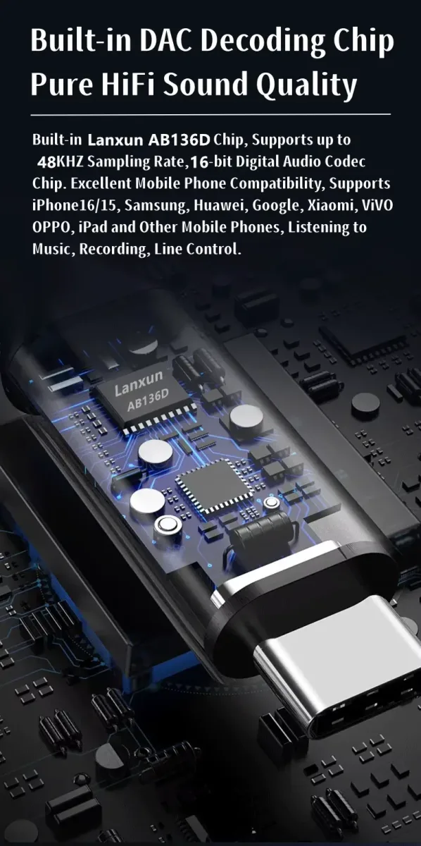 VAOLRO USB Type-C to 3.5mm Headphone Amplifier IEM AMP  Adapter DAC Chip 16Bit/48KHz HiFi