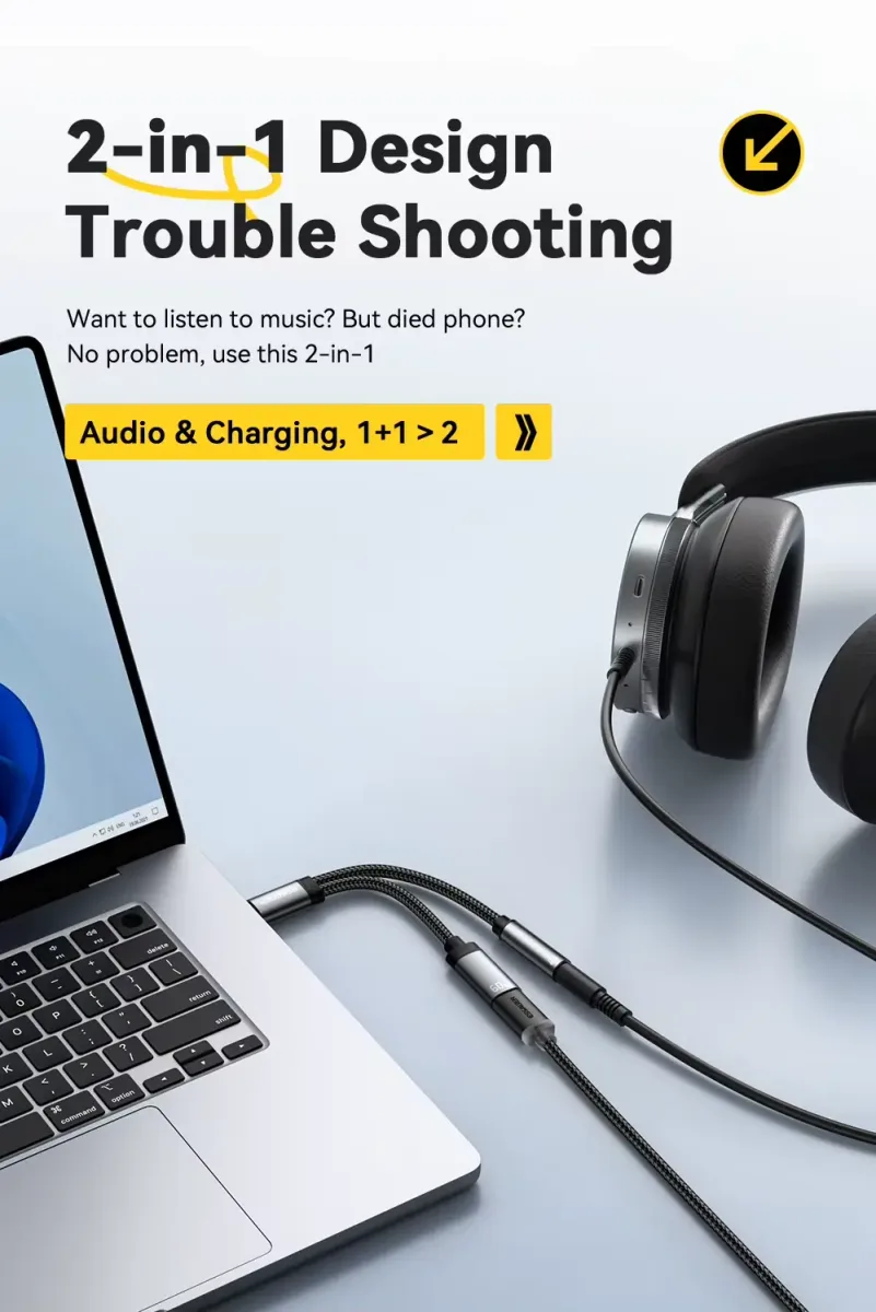 Essager 2 in 1 Type C to 3.5mm AUX Cable Headphone Adapter PD 60W