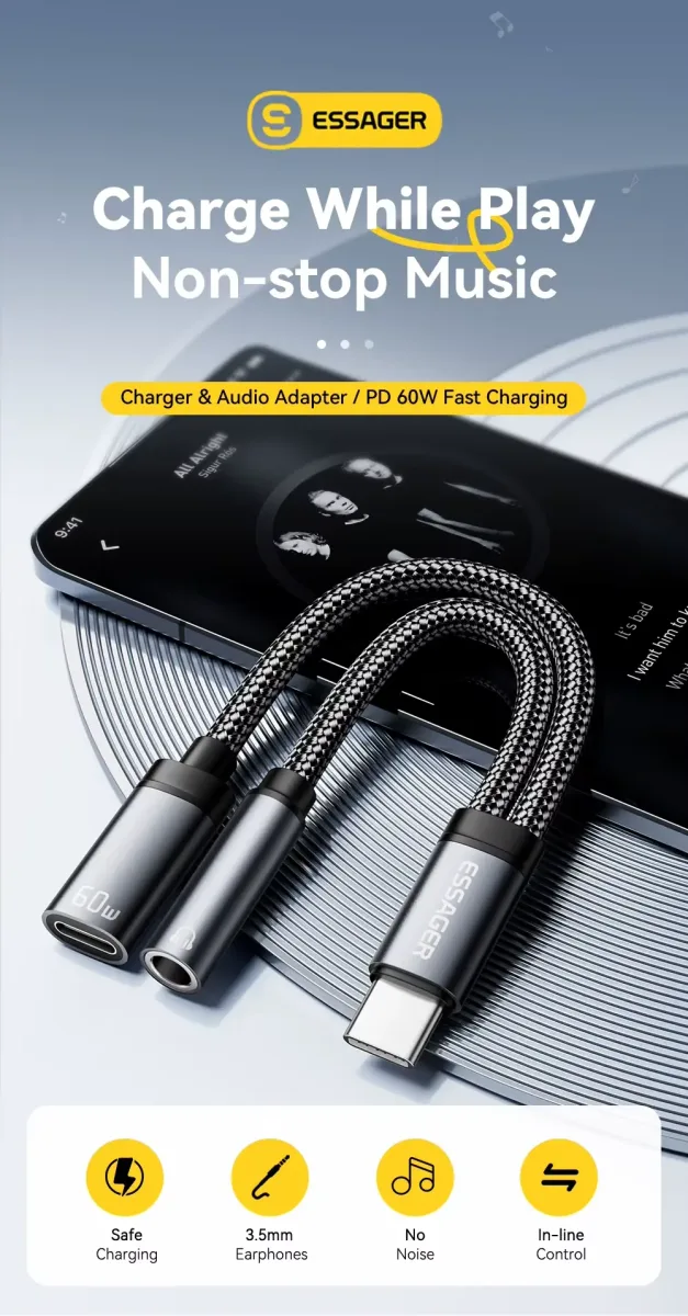 Essager 2 in 1 Type C to 3.5mm AUX Cable Headphone Adapter PD 60W