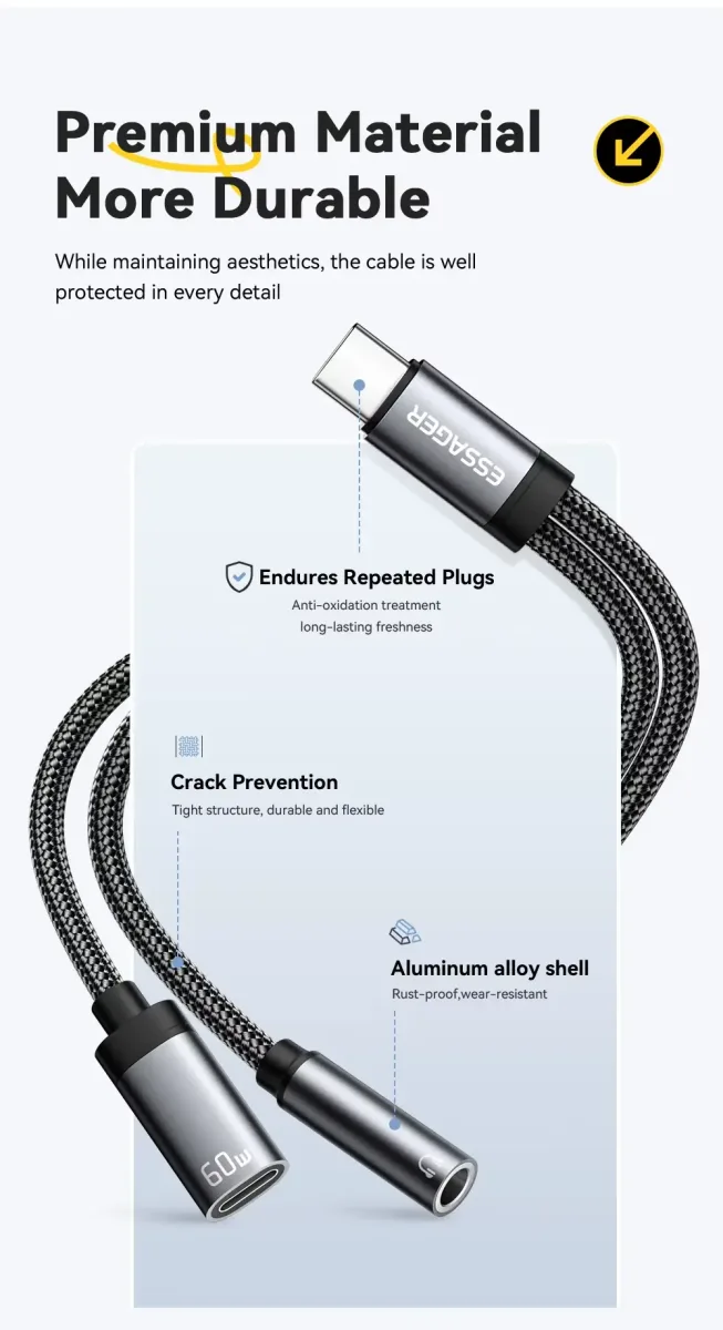 Essager 2 in 1 Type C to 3.5mm AUX Cable Headphone Adapter PD 60W